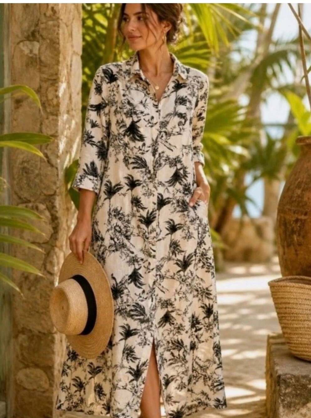 Collared Botanical Floral Print 3/4 Sleeve Button-Front Shirt Maxi Dress